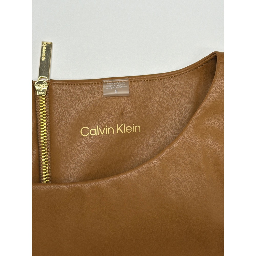 Calvin Klein Womens Faux Leather Belted Sheath‎ Dress Cognac Brown Size 8 - Picture 7 of 13